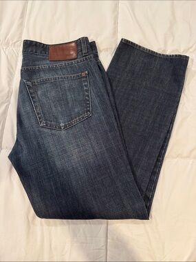Boss Men's Straight Leg Jeans in Dark Blue with Brown Leather Patch - Kansas
